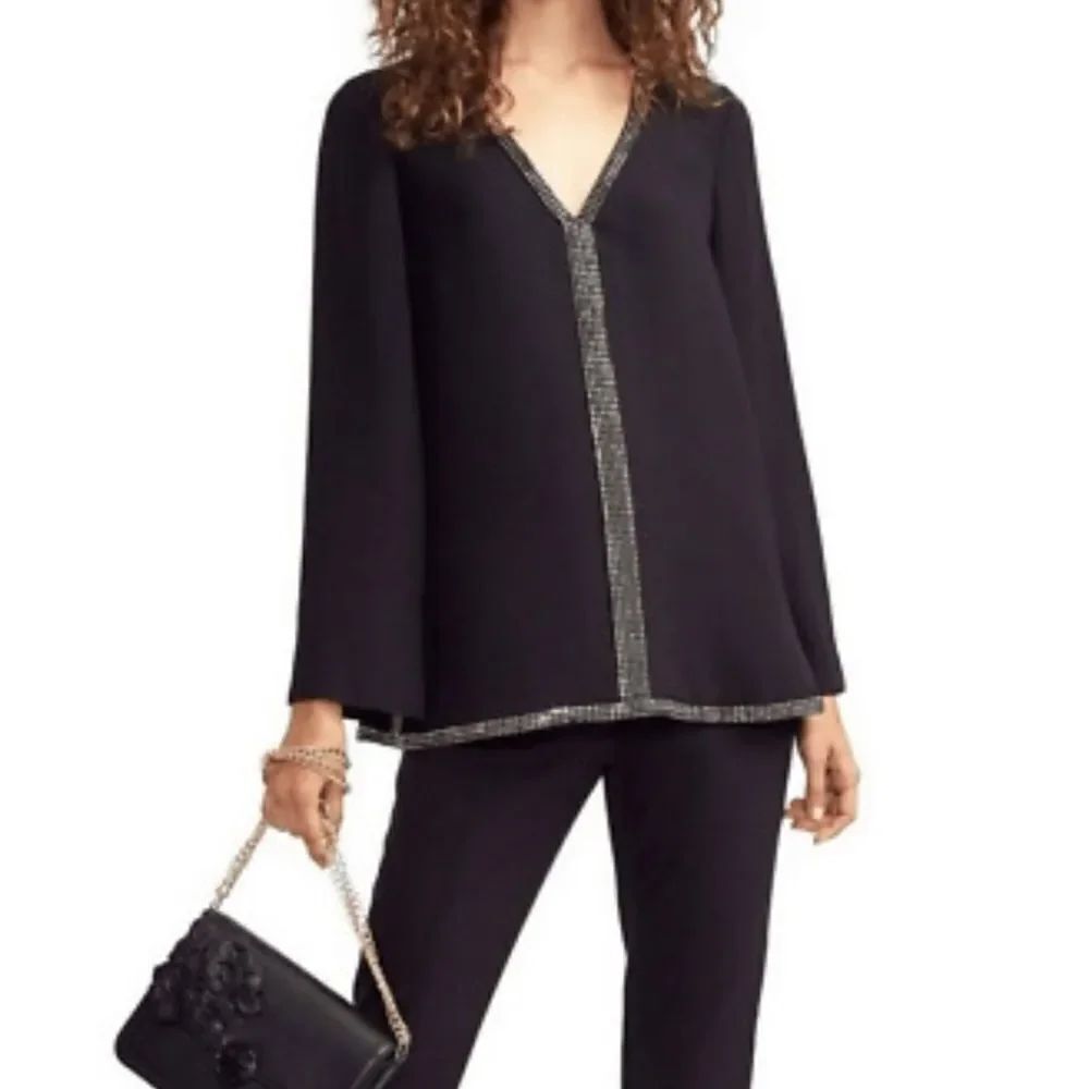 Tory Burch Mallet Embellished Studded Silk V Neck Tunic Blouse Top Black 6